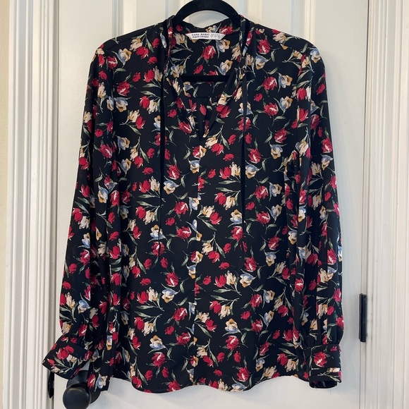 Zara z1975 Black Floral Velvet Tie Neck Long Sleeve Blouse Size Large - Picture 1 of 6